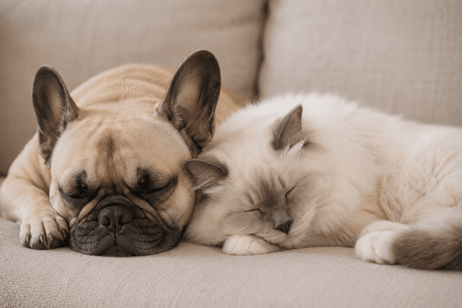 Birmadoll slapend met French Bulldog